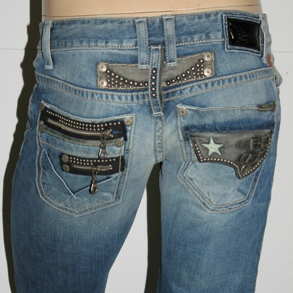 Men Robin's Jean Studs Leather Flaps Blue Jeans